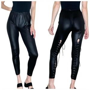 Black Sexy Shiny Fabric High Rise Edgy Biker Back Tie Leggings
